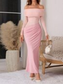 Vestido Tubo Largo con Hombros Descubiertos y Detalles de Tul