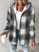 Chaqueta Casual a Cuadros con Capucha Retro para Mujer