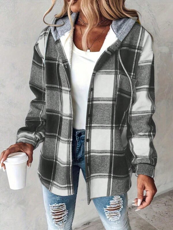 Chaqueta Casual a Cuadros con Capucha Retro para Mujer - Image 5