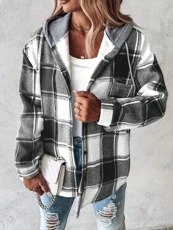 Chaqueta Casual a Cuadros con Capucha Retro para Mujer - Image 7