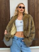 Chaqueta Fluffy Manga Larga Casual Color Sólido