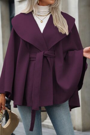 Capa Elegante de Color Sólido con Cinturón y Cuello Alto