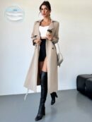 Trench Coat Elegante Ajustado a la Cintura de Manga Larga