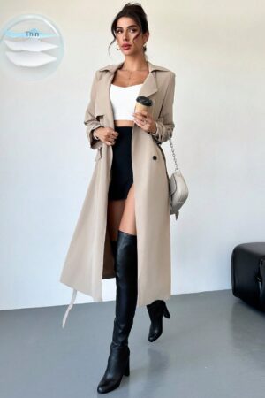 Trench Coat Elegante Ajustado a la Cintura de Manga Larga