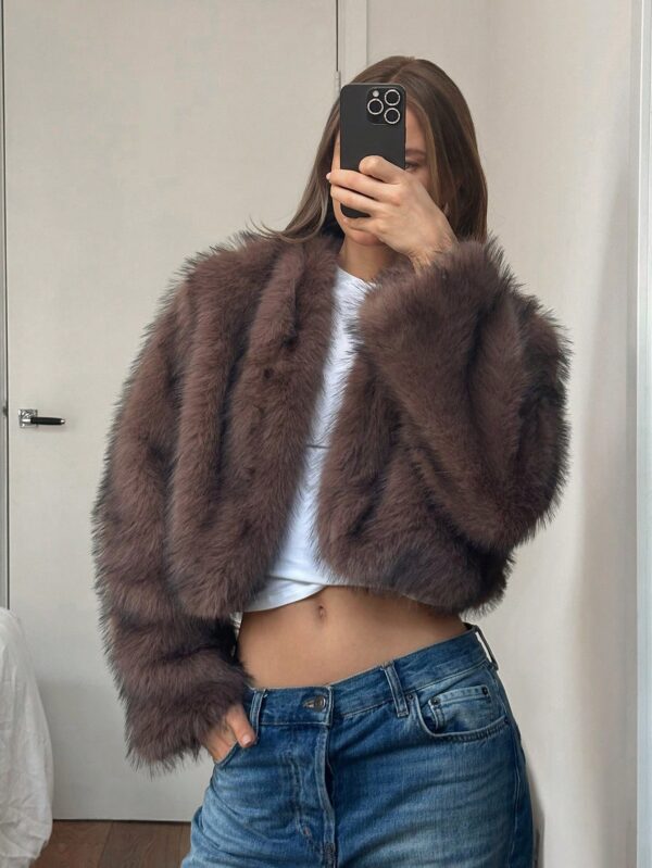 Chaqueta Fluffy Manga Larga Casual Color Sólido - Image 18