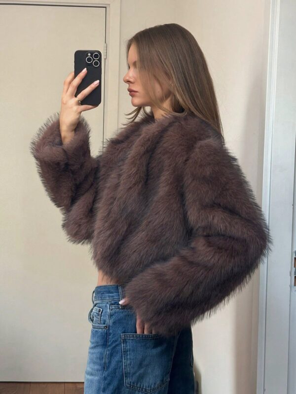 Chaqueta Fluffy Manga Larga Casual Color Sólido - Image 20