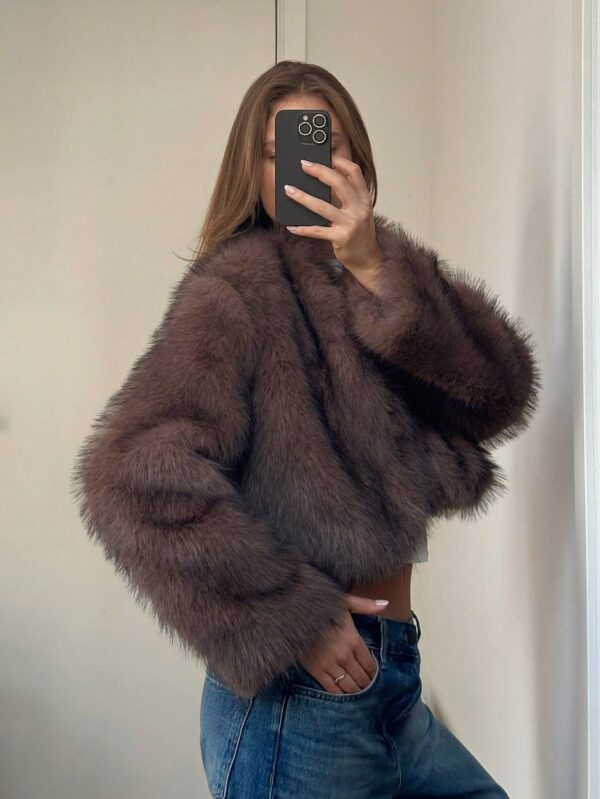 Chaqueta Fluffy Manga Larga Casual Color Sólido - Image 17
