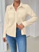 Blusa Casual Blanca de Manga Larga con Cuello y Bolsillo
