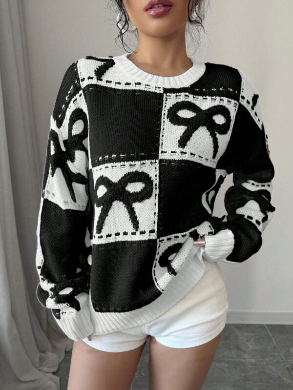 Sweater Tejido con Diseño a Cuadros y Detalle de Moño 3D - Image 18