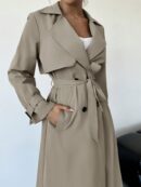 Trench Coat Elegante Ajustado a la Cintura de Manga Larga