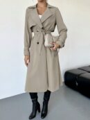 Trench Coat Elegante Ajustado a la Cintura de Manga Larga