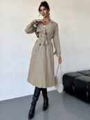 Trench Coat Elegante Ajustado a la Cintura de Manga Larga