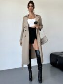Trench Coat Elegante Ajustado a la Cintura de Manga Larga