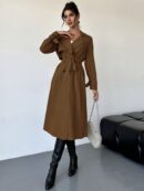 Trench Coat Elegante Ajustado a la Cintura de Manga Larga