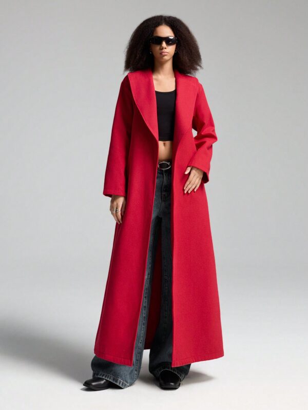 Chaqueta Larga de Color Sólido con Cinturón y Bolsillos - Image 11