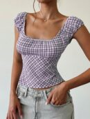 Blusa Casual a Cuadros con Volantes y Manga Corta