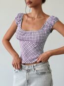 Blusa Casual a Cuadros con Volantes y Manga Corta