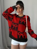 Sweater Tejido con Diseño a Cuadros y Detalle de Moño 3D