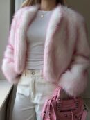 Chaqueta Fluffy Manga Larga Casual Color Sólido