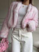 Chaqueta Fluffy Manga Larga Casual Color Sólido