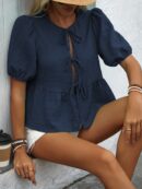 Blusa Casual de Cuello Redondo con Volantes y Manga Corta