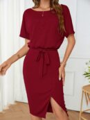 Vestido Casual con Cinturón y Falda Dividida de Manga Murciélago