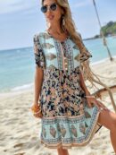 Vestido Boho Floral con Cuello Atado y Volantes