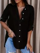 Camisa Casual de Manga Larga con Botones y Cuello en V