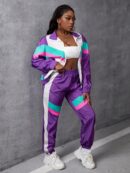 Conjunto Casual de Chaqueta y Pantalón con Cierre Frontal y Bloques de Color