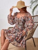 Vestido Playero Mini de Tricot con Cuello Corazón y Manga Larga