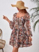 Vestido Playero Mini de Tricot con Cuello Corazón y Manga Larga