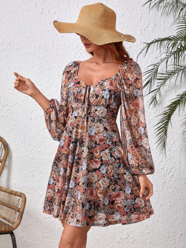 Vestido Playero Mini de Tricot con Cuello Corazón y Manga Larga - Image 9