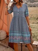 Vestido Casual con Estampado Floral y Botones, Ideal para Vacaciones en la Playa