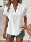 Camisa Veraniega Casual Texturizada con Mangas Murciélago y Cuello Muesca