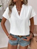Camisa Veraniega Casual Texturizada con Mangas Murciélago y Cuello Muesca