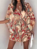 Vestido Boho con Escote en V, Mangas Murciélago y Cinturón