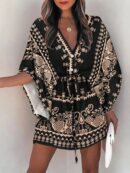 Vestido Boho con Escote en V, Mangas Murciélago y Cinturón