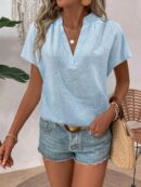 Camisa Veraniega Casual Texturizada con Mangas Murciélago y Cuello Muesca