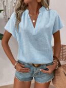 Camisa Veraniega Casual Texturizada con Mangas Murciélago y Cuello Muesca
