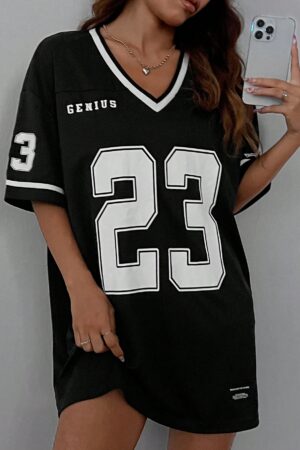 Vestido Casual de Verano con Escote en V y Estampado de Letras y Números