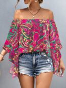 Blusa Casual de Hombros Descubiertos con Estampado Variado y Manga Larga