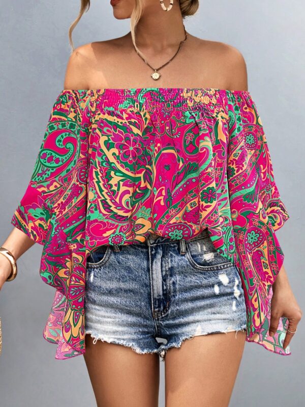 Blusa Casual de Hombros Descubiertos con Estampado Variado y Manga Larga - Image 6
