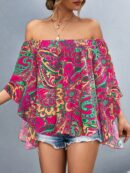 Blusa Casual de Hombros Descubiertos con Estampado Variado y Manga Larga