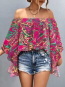 Blusa Casual de Hombros Descubiertos con Estampado Variado y Manga Larga