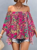 Blusa Casual de Hombros Descubiertos con Estampado Variado y Manga Larga