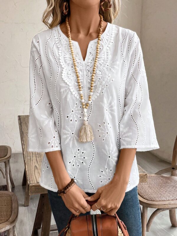 Blusa Casual de Manga Tres Cuartos en Color Sólido con Cuello V - Image 4