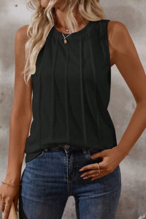 Musculosa de Verano de Color Sólido con Cuello Redondo y Plisado