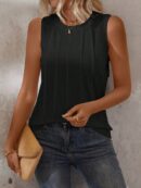 Musculosa de Verano de Color Sólido con Cuello Redondo y Plisado