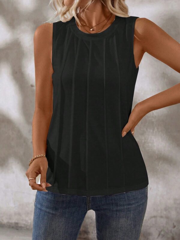 Musculosa de Verano de Color Sólido con Cuello Redondo y Plisado - Image 5