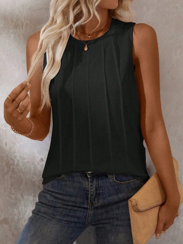 Musculosa de Verano de Color Sólido con Cuello Redondo y Plisado - Image 6